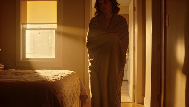 Morning Mindfulness morning mindfulness in warm bedroom light with adult woman standing near window, wrapped in blanket, calm interior, soft sunrise glow for peaceful home relaxation