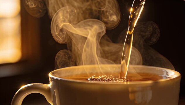 Morning Mindfulness Morning mindfulness warm tea ceramic cup with steam and pouring liquid cozy light, steaming cup warm beverage cozy morning scene, ceramic cup with warm light and golden steam cozy