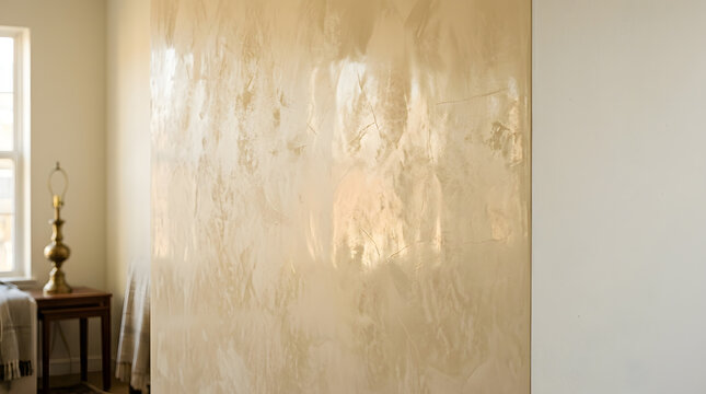 Venetian Plaster Wall Detail | Luxury Interior Design with Polished Gold Stucco Finish | Decorative Textured Surface for Modern Home Decor | Architectural Detail with Pearlescent Sheen