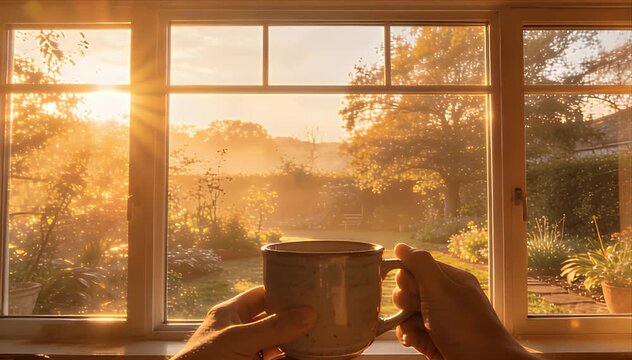 Morning Mindfulness Morning mindfulness with hands holding cup by window as warm sun lights calm garden view and soft mist at dawn