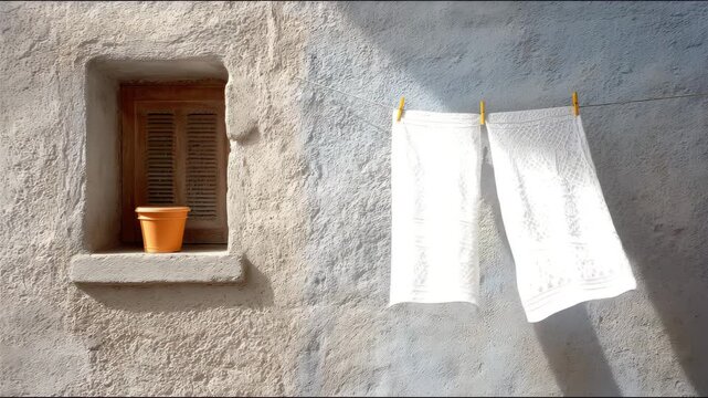 Mediterranean Laundry Line white towels drying in sunlight, Mediterranean Laundry Line on rustic wall with wooden window and minimal summer copy space