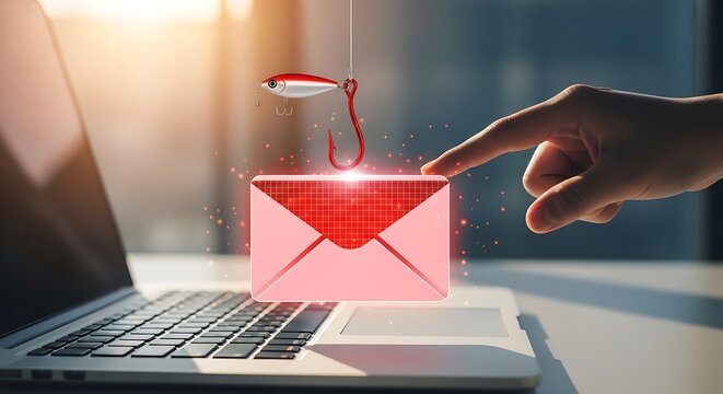 Phishing scam concept with hand pointing to red envelope on fishing hook over laptop keyboard on desk