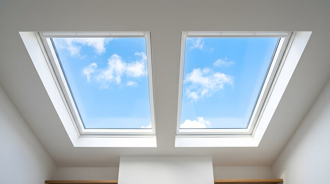 Modern double skylights in a white ceiling with blue sky and fluffy clouds | Bright interior architectural design with natural roof windows | Home renovation and attic window lighting for mood