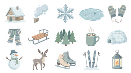 Fototapeta premium Winter Seasonal Flat Icons Collection. Holiday Elements, Outdoor Activities Christmas Objects Set