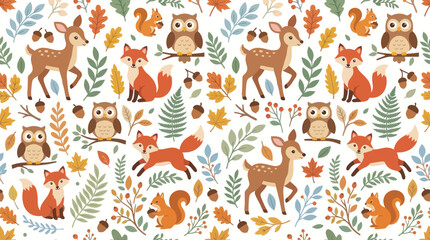 Obraz premium Autumn Forest Animals Seamless Pattern Flat Vector Illustration