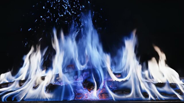 Burning wood with blue flames highlighting geometric patterns and contemporary art