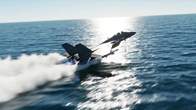 Fighter jet flying low over ocean at high speed