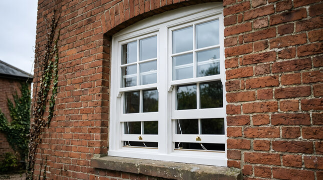 Traditional white wooden sash window | Period property red brick architecture | Double hung timber window installation | Victorian home renovation | Classic exterior building design