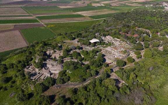 Aerial View of Ancient Troy Ruins Archaeological Site in Canakkale Turkey UNESCO World Heritage