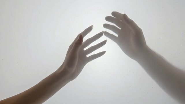 Full HD seamless loop animation of two human hands reaching toward each other in soft light silhouette.