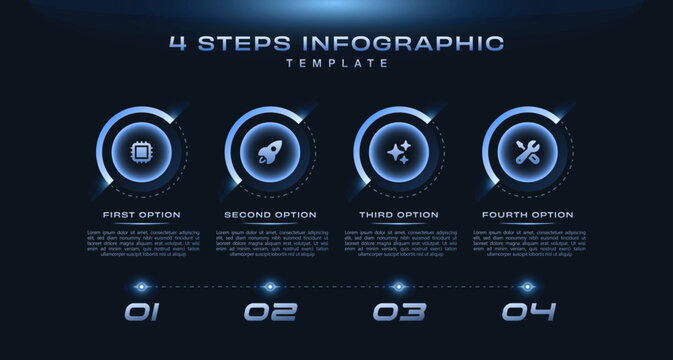 4 steps dark blue tech infographic template for modern data visualization, workflow, and presentations. fintech, IT, startups, digital marketing, cybersecurity, analytics, corporate strategy