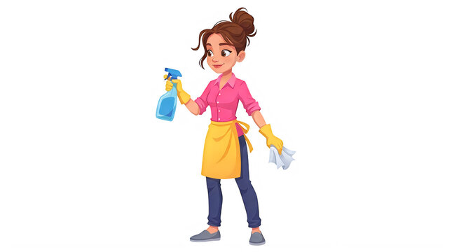 3d cartoon housekeeper woman cleaning with spray bottle isolated on transparent background