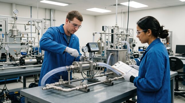 Medium shot of technicians adjusting precision instruments calibrating flow meters with clean water to ensure accurate pump performance in a laboratory setting.