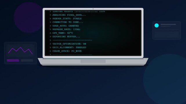 Laptop displaying programming code on a dark blue background with abstract elements.