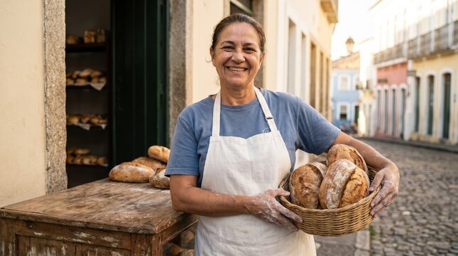 Smiling baker holding a basket of fresh bread