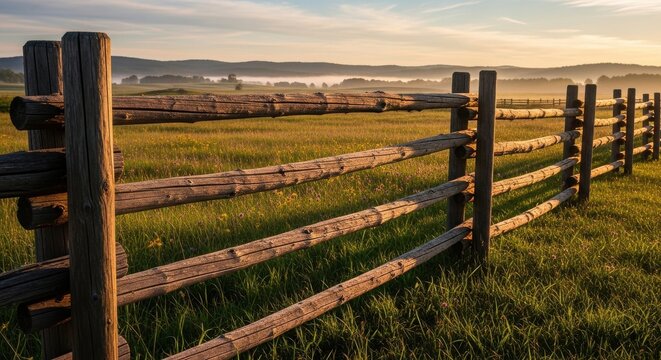 Rustic wooden split rail fence forming a classic perimeter in a serene countryside landscape at dawn