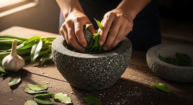 Hands crushing green leaves in a stone mortar with garlic and leaves on a wooden table