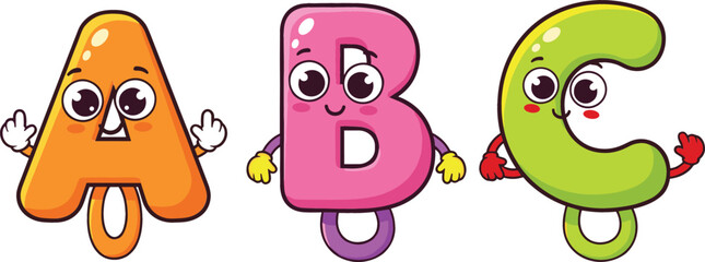 Fototapeta premium Cute Cartoon Alphabet Letters A, B, and C with Smiling Faces for Kids Learning and Educational Design