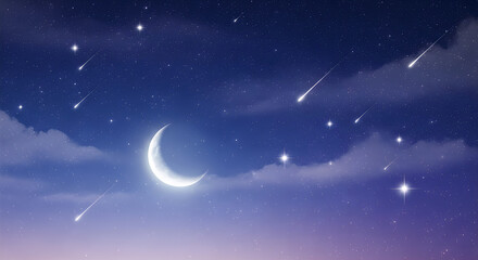 Naklejka premium Crescent moon and falling stars in the night sky