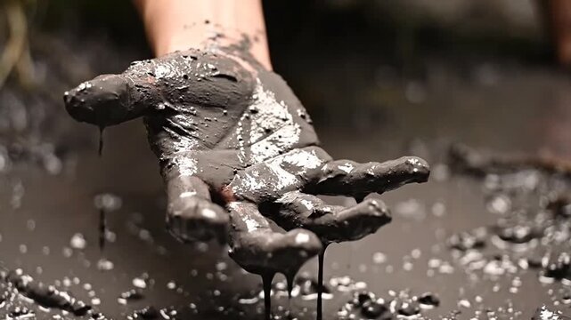Hand pressing into thick black mud in forest puddle