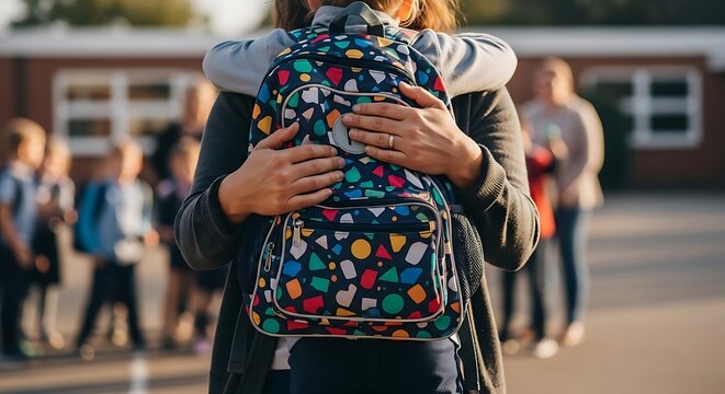 A mother hugging her child before school, showing a loving farewell with a colorful backpack