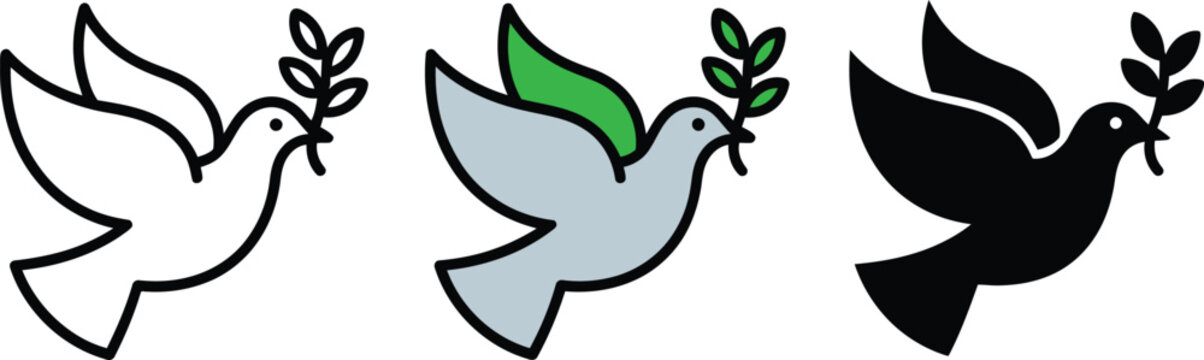 Dove with olive branch icon set. Peace and freedom symbol in outline, flat and solid style