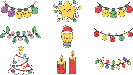 Obraz premium Cute Christmas Icons Set with Kawaii Lights, Santa, Tree, and Candles for Holiday Decorations and Cards