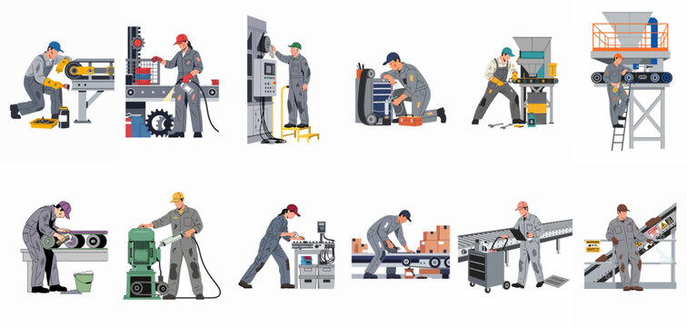 Flat vector illustrations of industrial factory workers performing various manufacturing, maintenance, and assembly line tasks in a production facility environment.