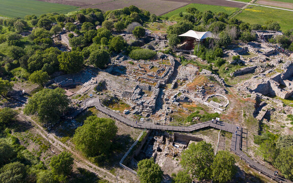 Aerial View of Ancient Troy Ruins Archaeological Site in Canakkale Turkey UNESCO World Heritage