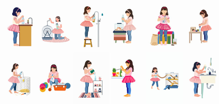 A collection of illustrations showing a young girl in a tutu performing various pet care tasks for hamsters and guinea pigs.