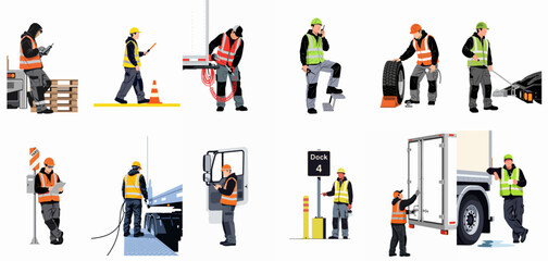 Fototapeta premium Set of illustrations depicting professional logistics workers and truck drivers performing various tasks in warehouse and transport environments, wearing high-visibility safety gear.