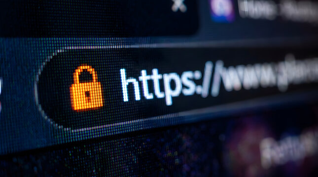 Macro Close-Up Browser Screen HTTPS URL Bar with Orange Open Padlock Security Warning Icon