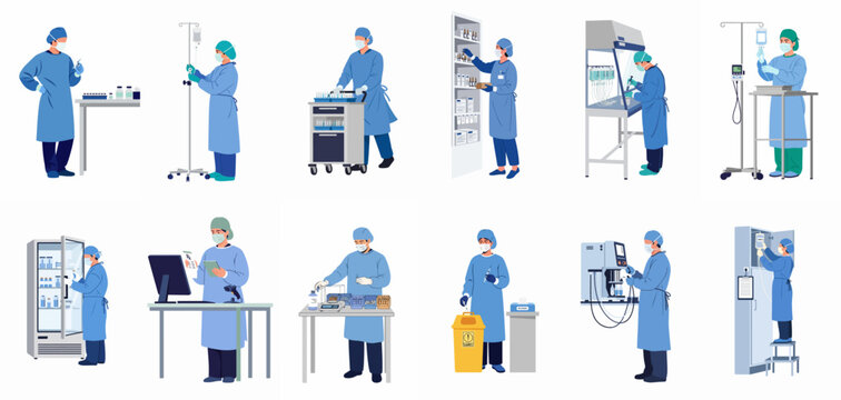 Set of medical professionals working in a hospital pharmacy, preparing medications, using laboratory equipment, and managing pharmaceutical supplies in a clinical environment.