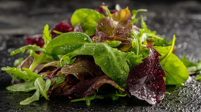 Close-up of wet mixed salad greens with beet leaves and water droplets, leafy greens