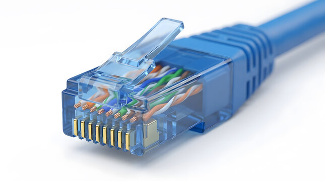 Macro Close-Up Blue RJ45 Ethernet Connector Showing Internal Wiring and Gold Contacts