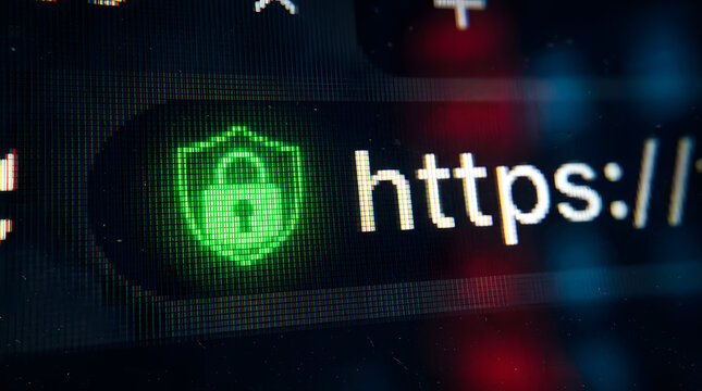Extreme Close-Up HTTPS Browser Address Bar with Glowing Green Padlock Secure SSL Connection