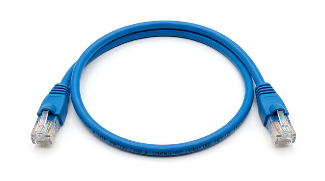 Blue CAT6 UTP Ethernet Patch on White Background with Both RJ45 Ends Visible