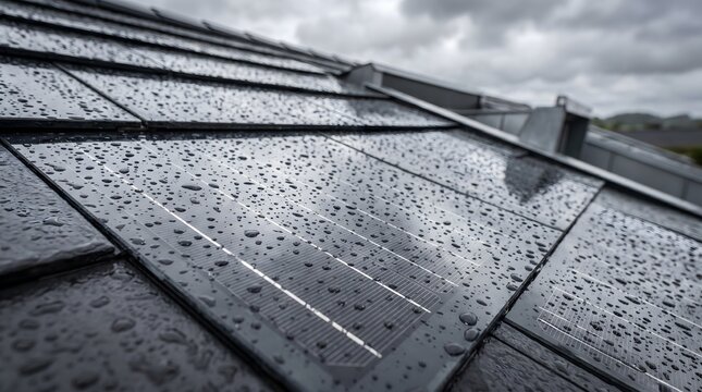 Close-up view of solar panels covered in raindrops on a cloudy day, reflecting the sky
