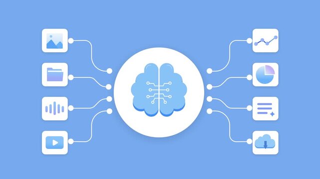 Animation of AI data network with central brain and cloud icons connected to multiple devices, illustrating data processing, transfer, and digital communication in a clean modern styl