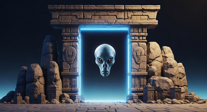 ancient stone portal with glowing alien head on transparent background high quality