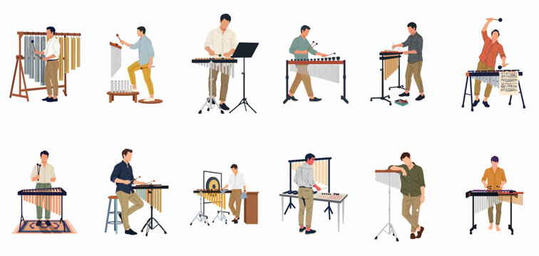 Collection of flat vector illustrations depicting men playing various pitched percussion instruments including vibraphones, marimbas, xylophones, and tubular bells.