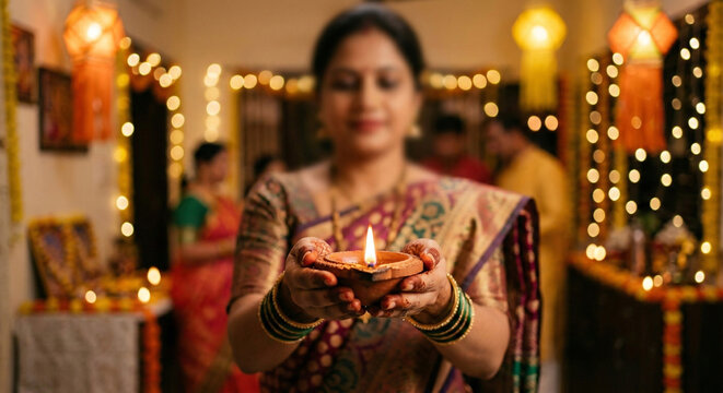 Woman Holding Diwali Lamp
