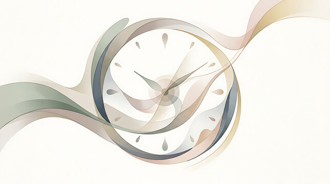 Abstract modern digital art of a clock face with flowing artistic lines and soft neutral colors representing the concept of time passing fluidly and the elegance of temporal measurement designs today.