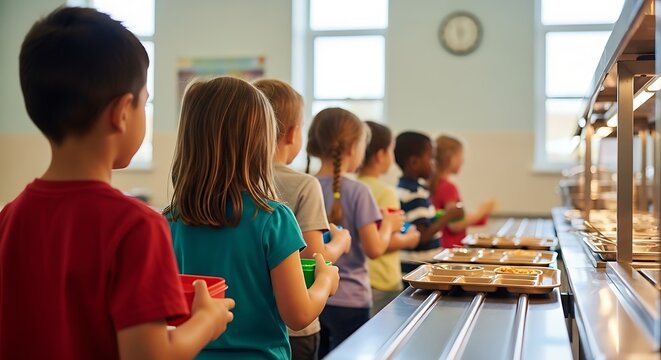 Diverse group of young children standing in line at a school cafeteria for lunch service