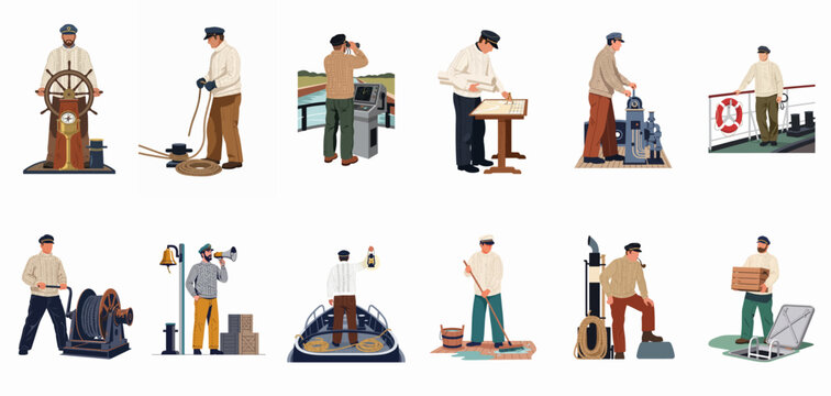 Set of illustrations depicting sailors and ship crew members performing various maritime duties and nautical tasks on deck.