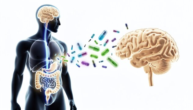 Abstract illustration of human anatomy, depicting the gut-brain axis with internal organs, connecting brain, and probiotic capsules for health concept