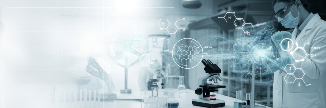 Professional laboratory environment with microscope and holographic chemical visualization for research