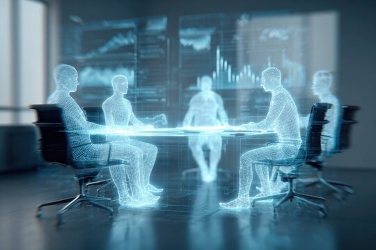 Business meeting with digital hologram figures sitting around table, futuristic technology, data analysis and teamwork in modern office environment.