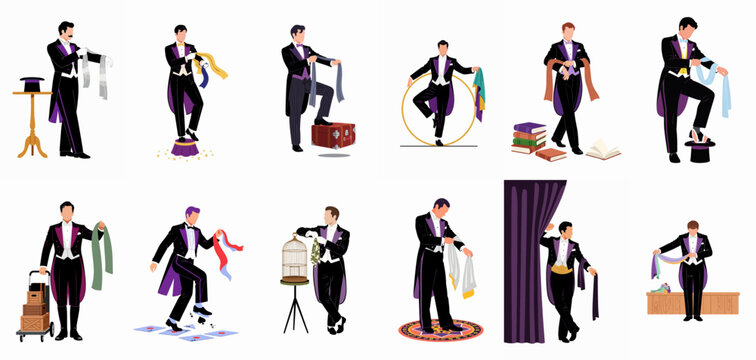 Set of diverse magician character illustrations performing classic magic tricks with various props including hats, scarves, and hoops on a white background.
