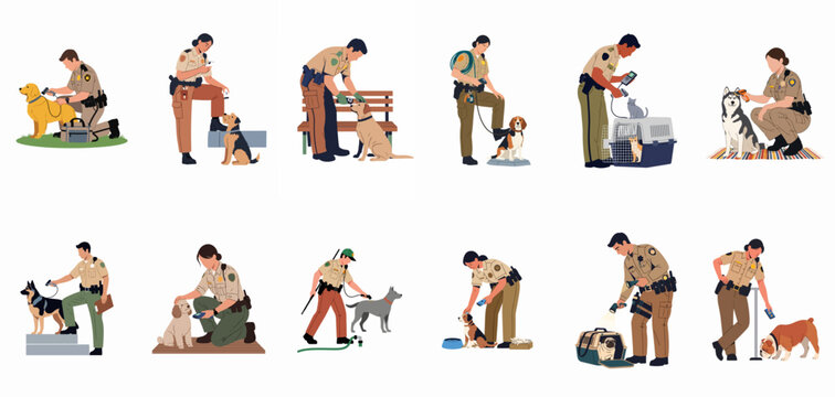 Collection of illustrations showing animal control officers scanning pets for microchips, including dogs and cats in various settings and poses.